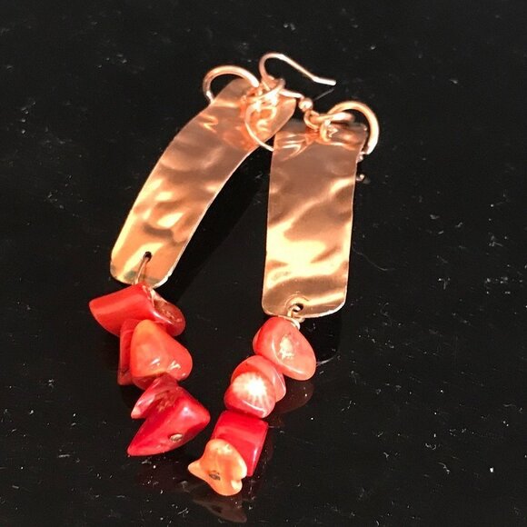 Rustic Pure Copper Earrings Red Coral Drop Dangle Handmade Artisan Beaded Gift - Picture 4 of 4